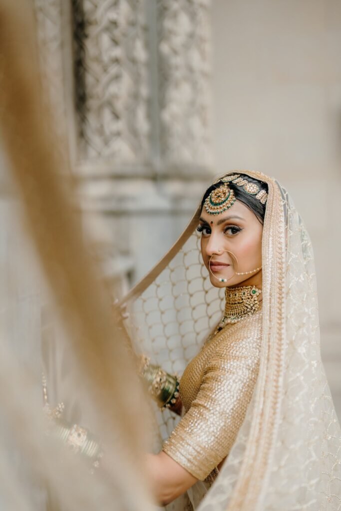 Bridal portrait in the stone arcade at Biltmore House