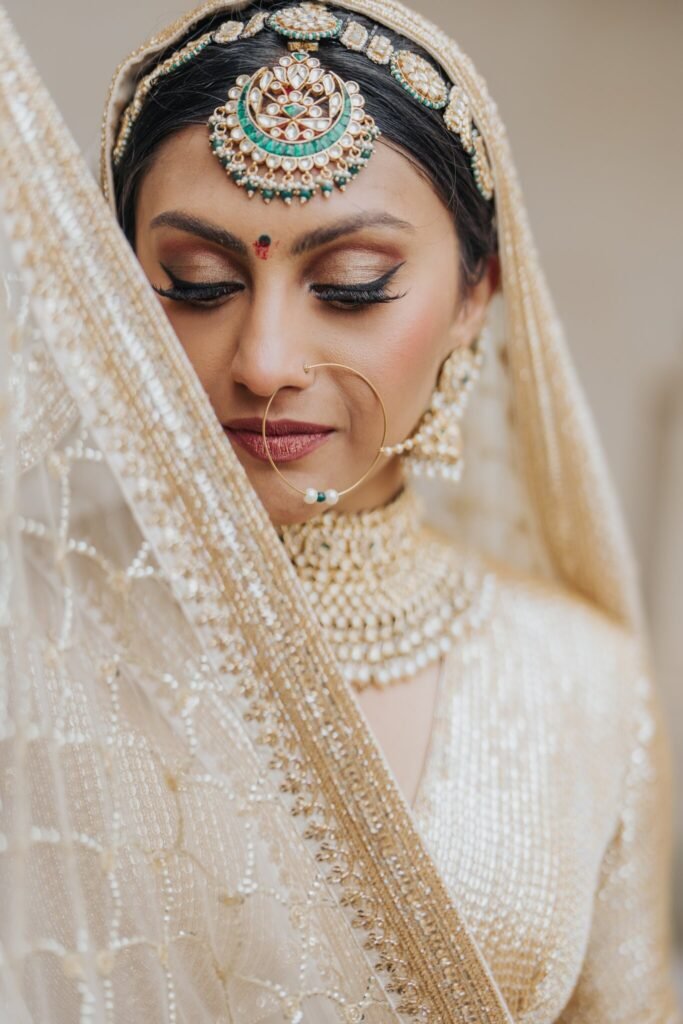 Bride in her veil and maang tikka before the wedding at Biltmore