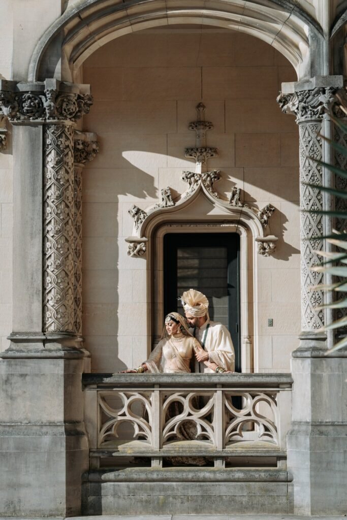 Bride on a stone balcony