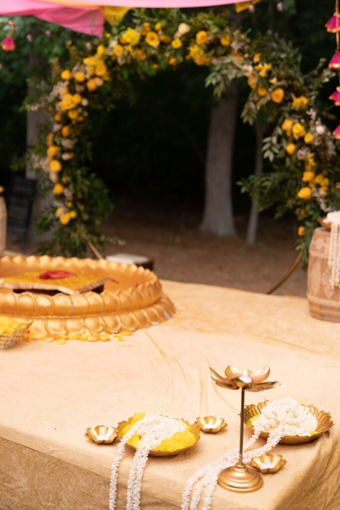 Pithi ceremony decor with a floral arch