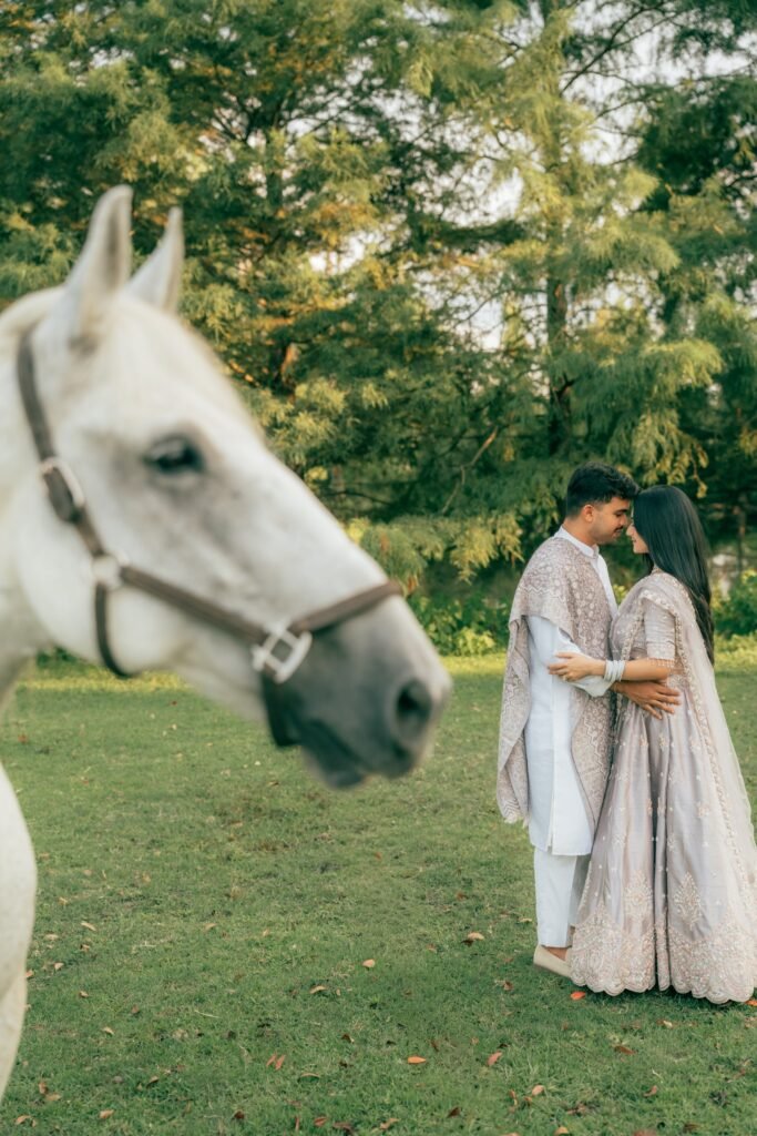 white horse couple photoshoot