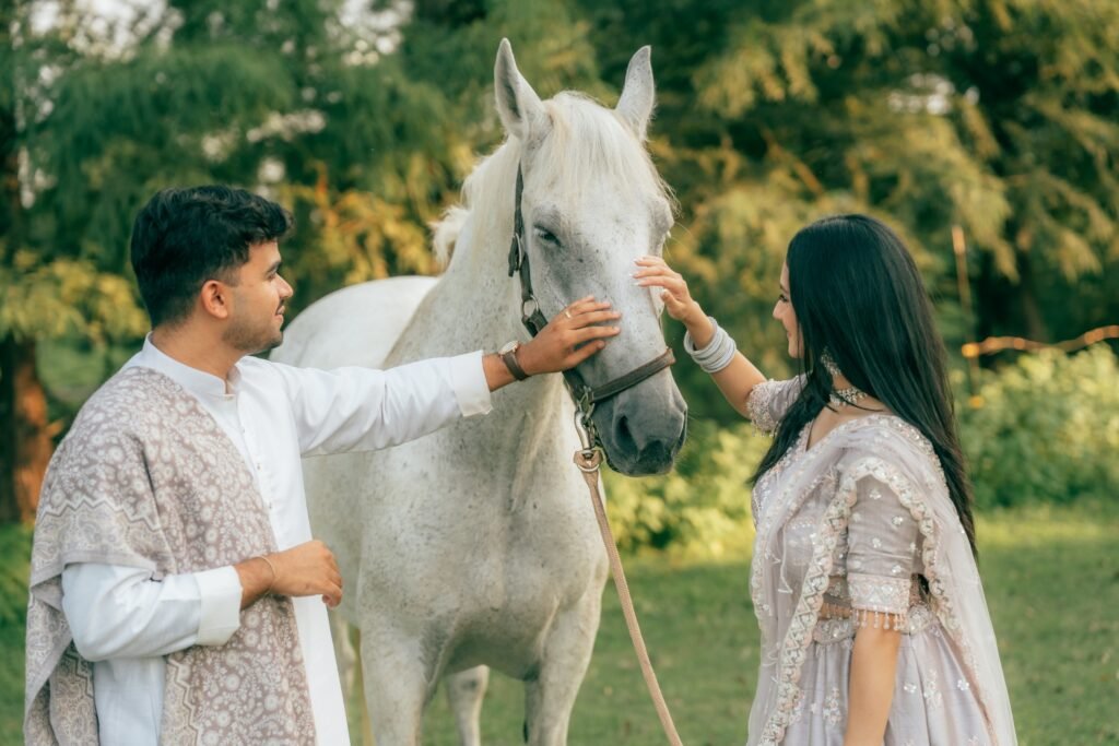 white horse couple photoshoot